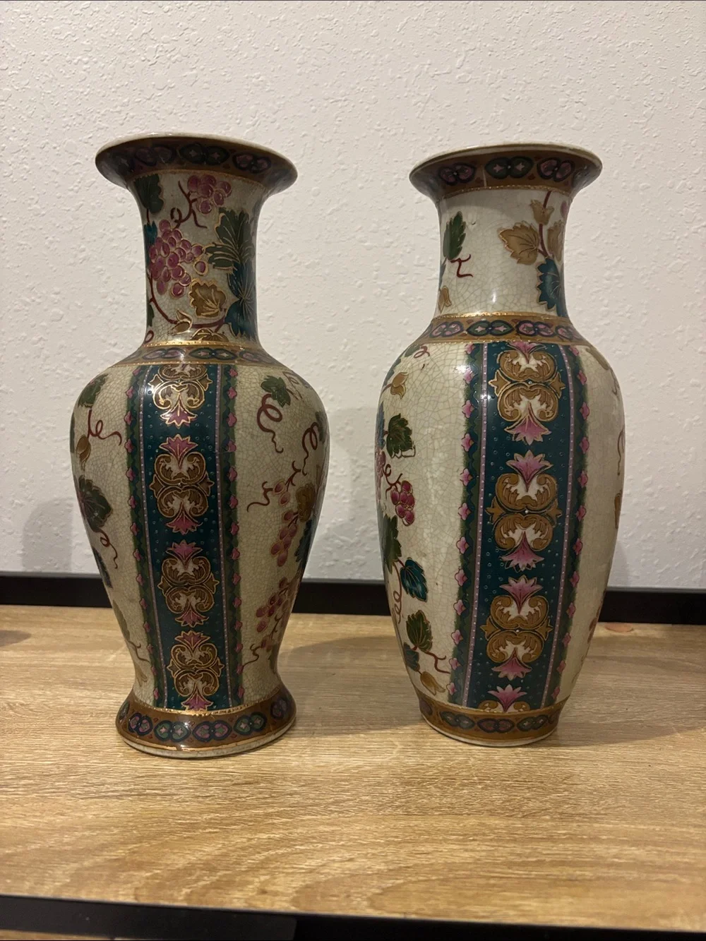 Decorative Floral Grape Porcelain Vases - Pair, Cream with Teal and Burgundy